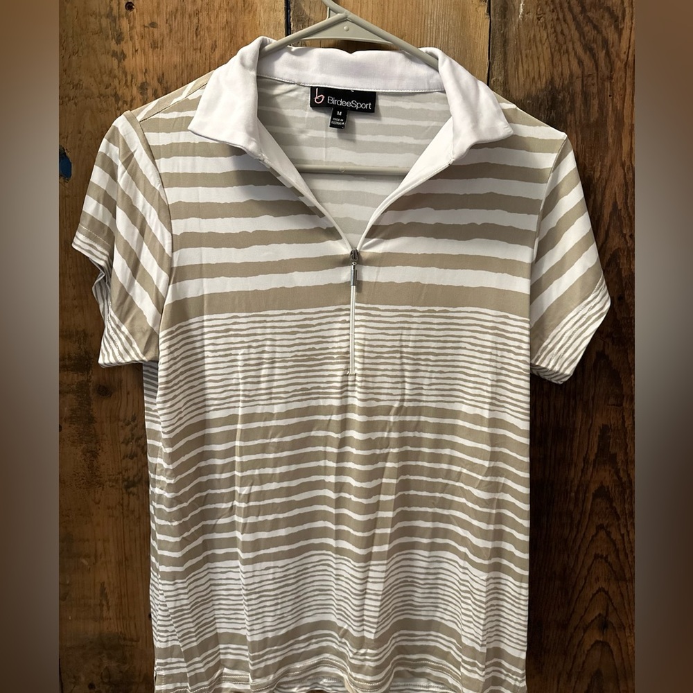 Birdee Sport tan & white golf athletic polo